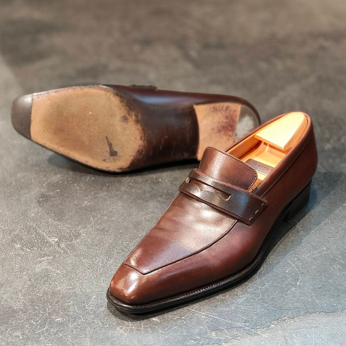 極美品【J.M.WESTON】ジェイエムウエストン アストンライン 414 スクエアトゥコインローファー カーフ ブラウン サイズUK5.5C K3ラスト
