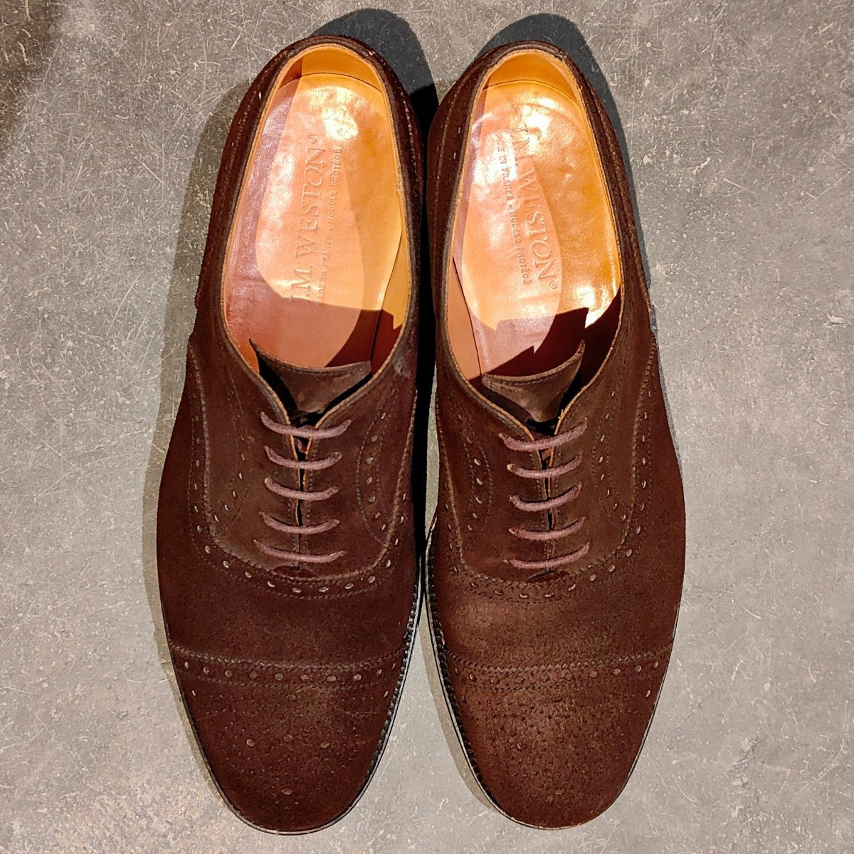 美品【J.M.WESTON】ジェイエムウエストン 310 パターンオーダー セミブローグ スエード ダークブラウン サイズUK8D 11ラスト