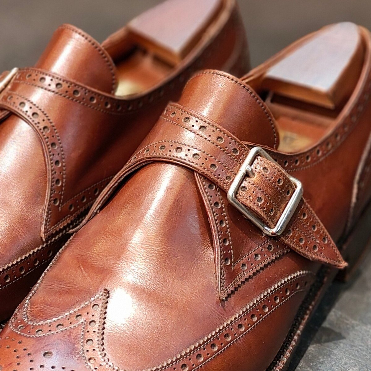 希少 【J.M.WESTON】ジェイエムウエストン 1733 80年代?金ロゴ シングルモンク ウイングチップ カーフ タンブラウン 7D