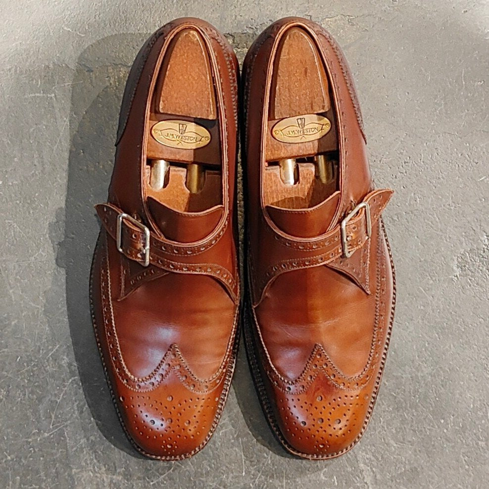 希少 【J.M.WESTON】ジェイエムウエストン 1733 80年代?金ロゴ シングルモンク ウイングチップ カーフ タンブラウン 7D