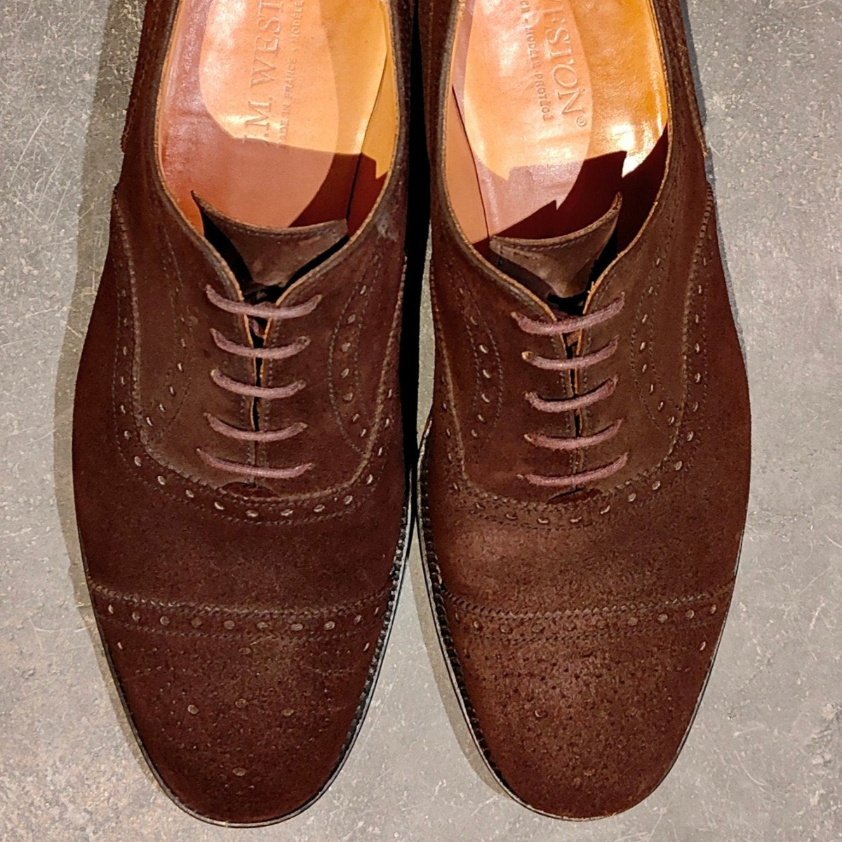 美品【J.M.WESTON】ジェイエムウエストン 310 パターンオーダー セミブローグ スエード ダークブラウン サイズUK8D 11ラスト