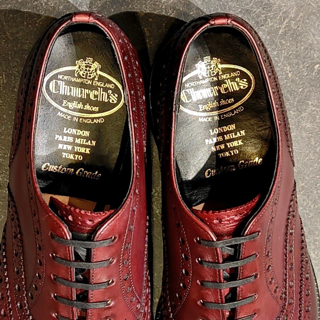 希少 使用数回 【Church´s】チャーチ バーウッド MTO 5都市 ウイングチップ カーフ バーガンディ サイズUK65F 81ラスト 参考定価¥176,000-