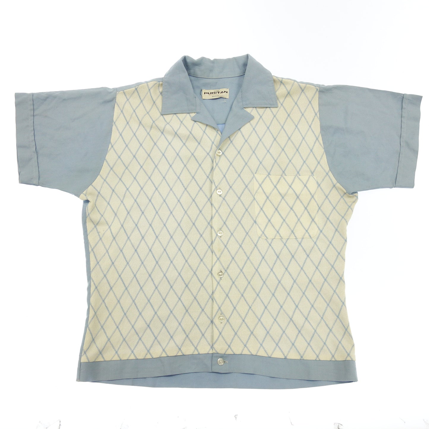 【Vintage】ヴィンテージ 半袖シャツ ニット×コットン スペシャル メンズ ブルーホワイト M