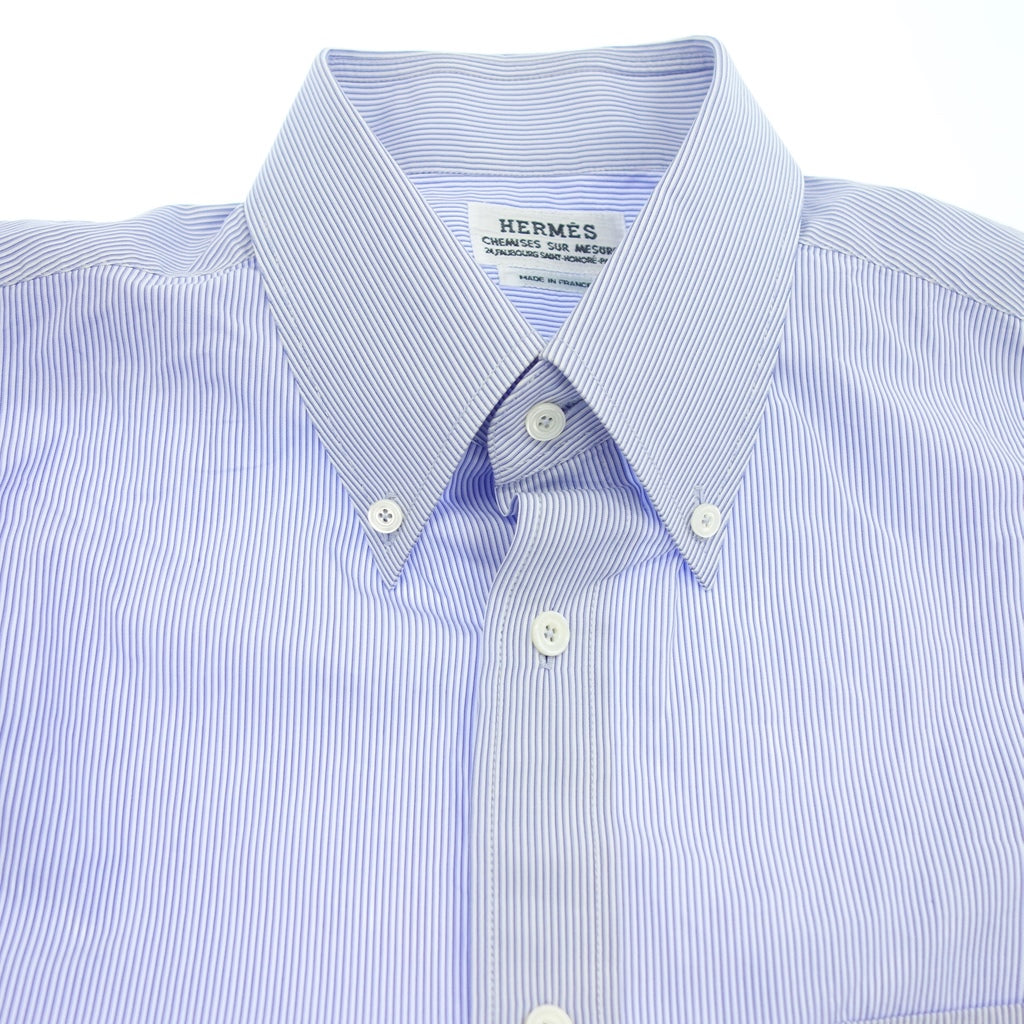 【HERMES】エルメス ストライプボタンダウンシャツ フランス製 セリエボタン サックスブルー サイズ L程度