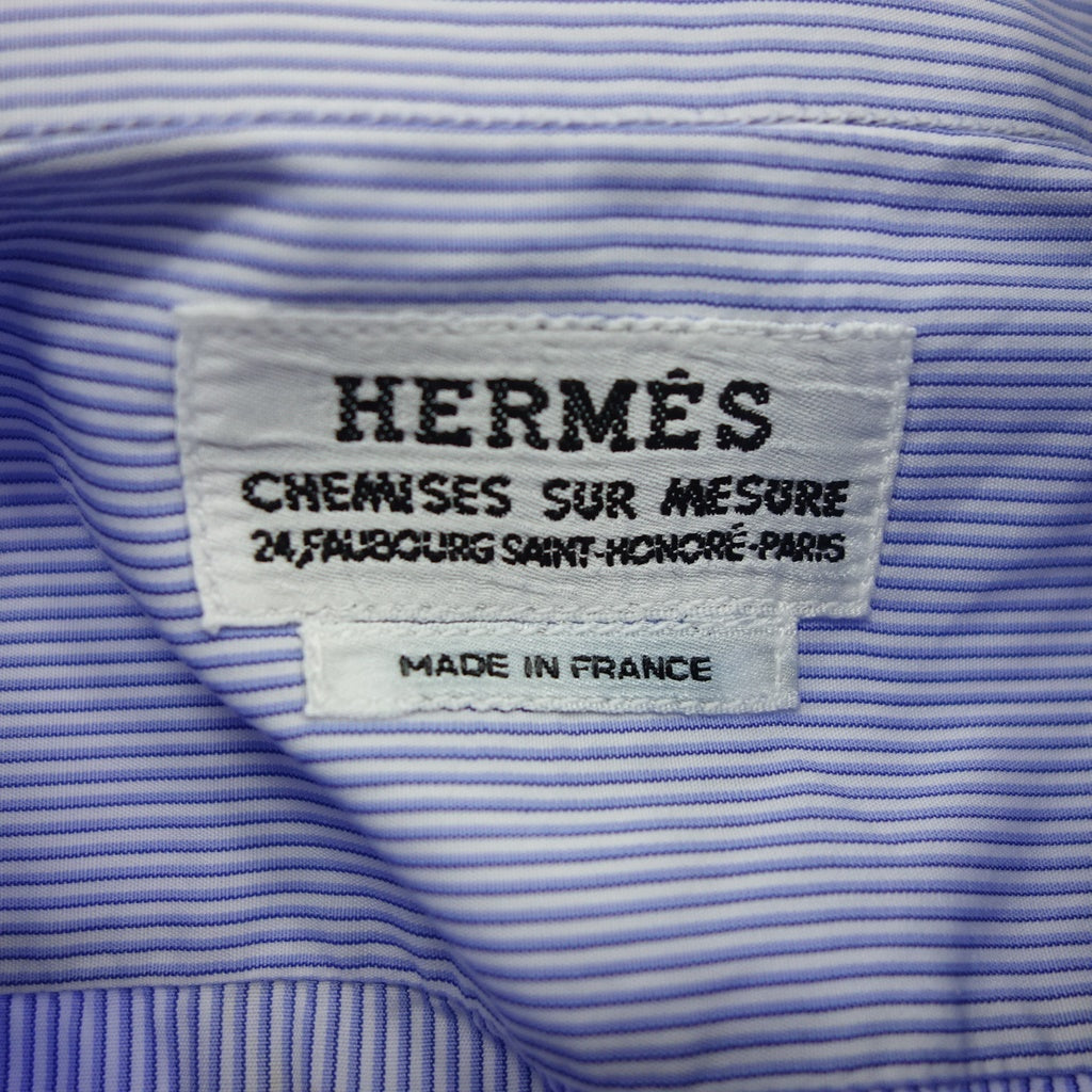 【HERMES】エルメス ストライプボタンダウンシャツ フランス製 セリエボタン サックスブルー サイズ L程度