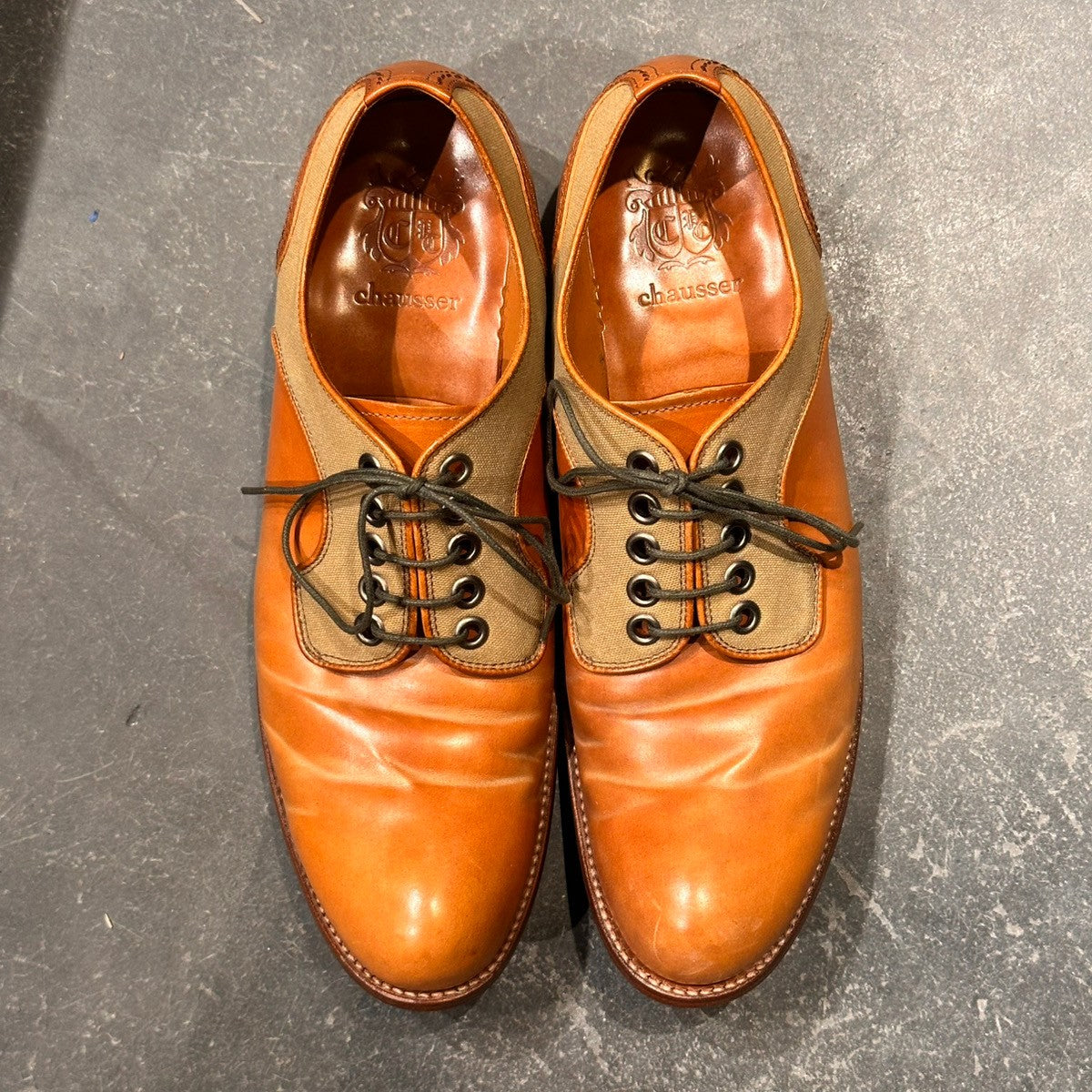 【chausser】ショセ C740 プレーントゥ サドルシューズ コンビ ナチュラルコードバン コットンキャンバス ブラウン サイズ43