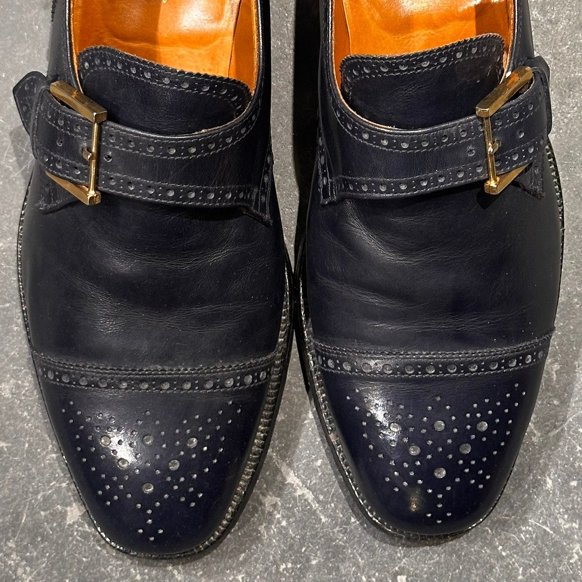 希少【Poulsen Skone】ポールセーンスコーン ダブルモンク クロケット＆ジョーンズ製 70年代想定 カーフ ネイビー サイズUK8E