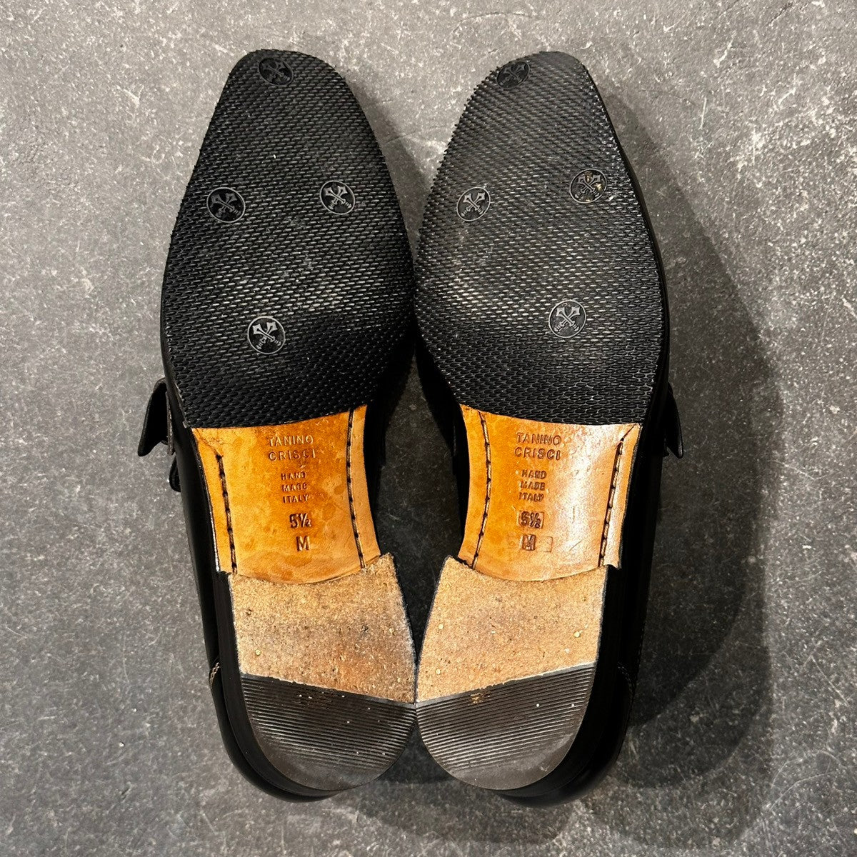 美品【TANINO CRISCI】タニノクリスチー 232311 ローファー シングルモンク ホワイトステッチ ベビーカーフ ブラック アンラインド サイズUK5.5