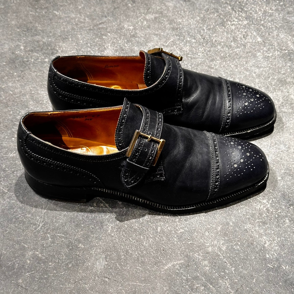 希少【Poulsen Skone】ポールセーンスコーン ダブルモンク クロケット＆ジョーンズ製 70年代想定 カーフ ネイビー サイズUK8E