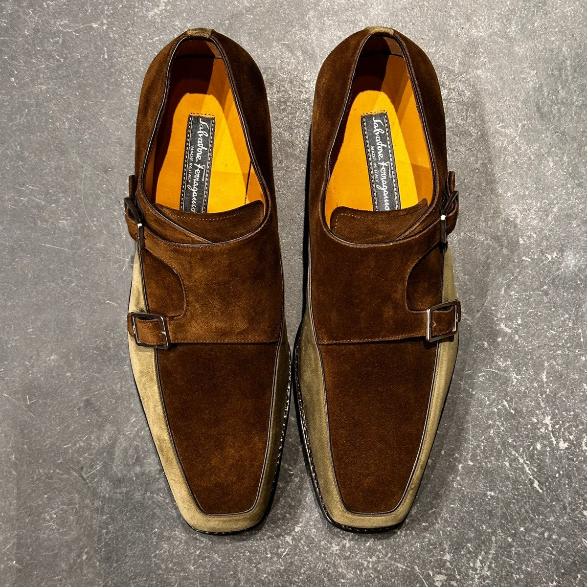 未使用品【Salvatore Ferragamo】サルヴァトーレ フェラガモ 3315 ダブルモンク  スエード ブラウングリーンコンビ サイズUK8.5E