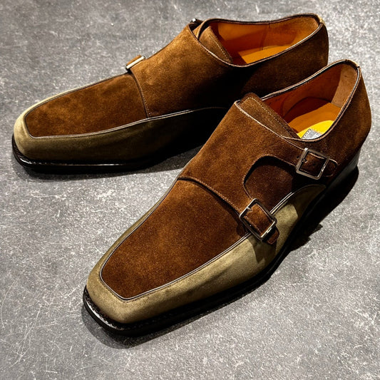 未使用品【Salvatore Ferragamo】サルヴァトーレ フェラガモ 3315 ダブルモンク  スエード ブラウングリーンコンビ サイズUK8.5E