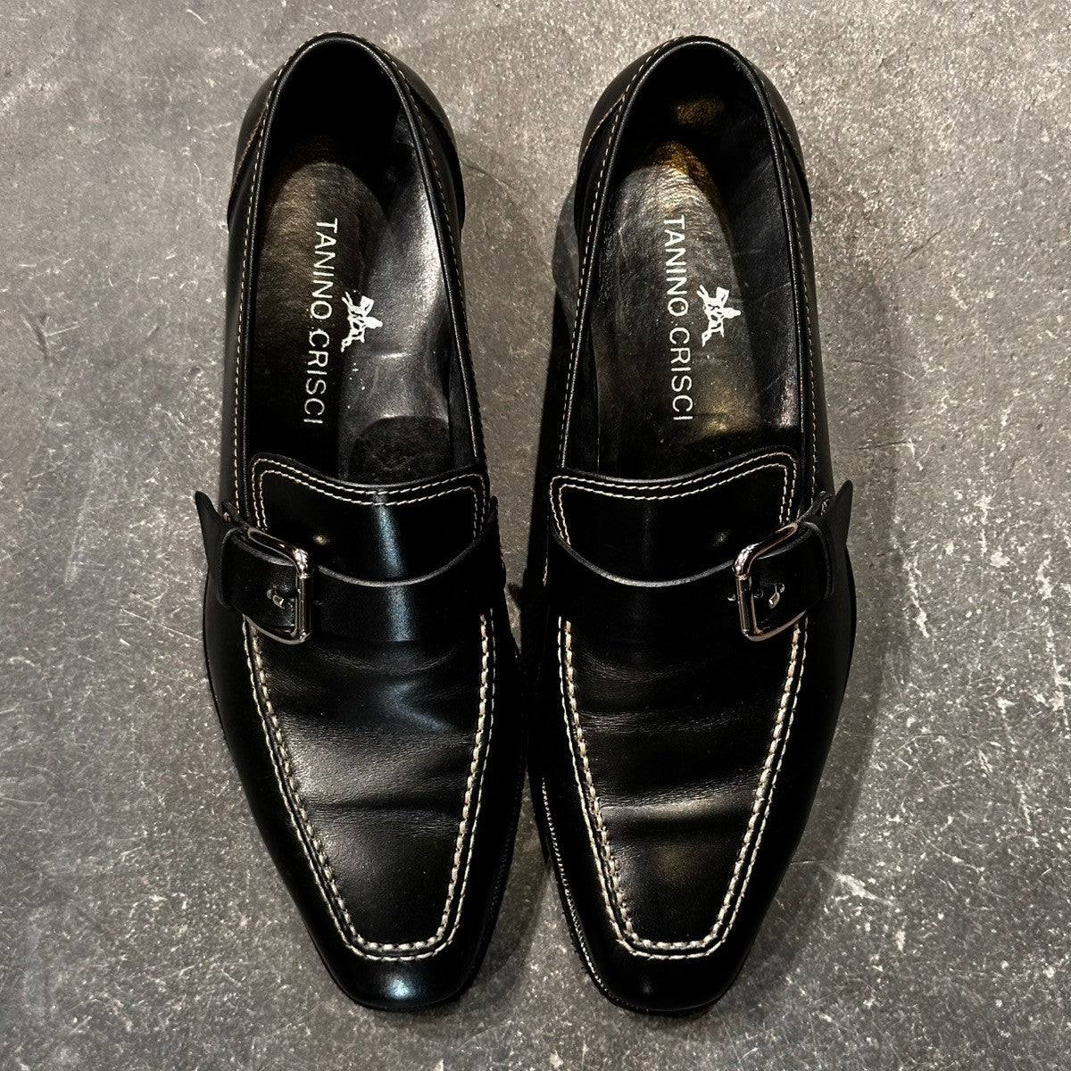 美品【TANINO CRISCI】タニノクリスチー 232311 ローファー シングルモンク ホワイトステッチ ベビーカーフ ブラック アンラインド サイズUK5.5
