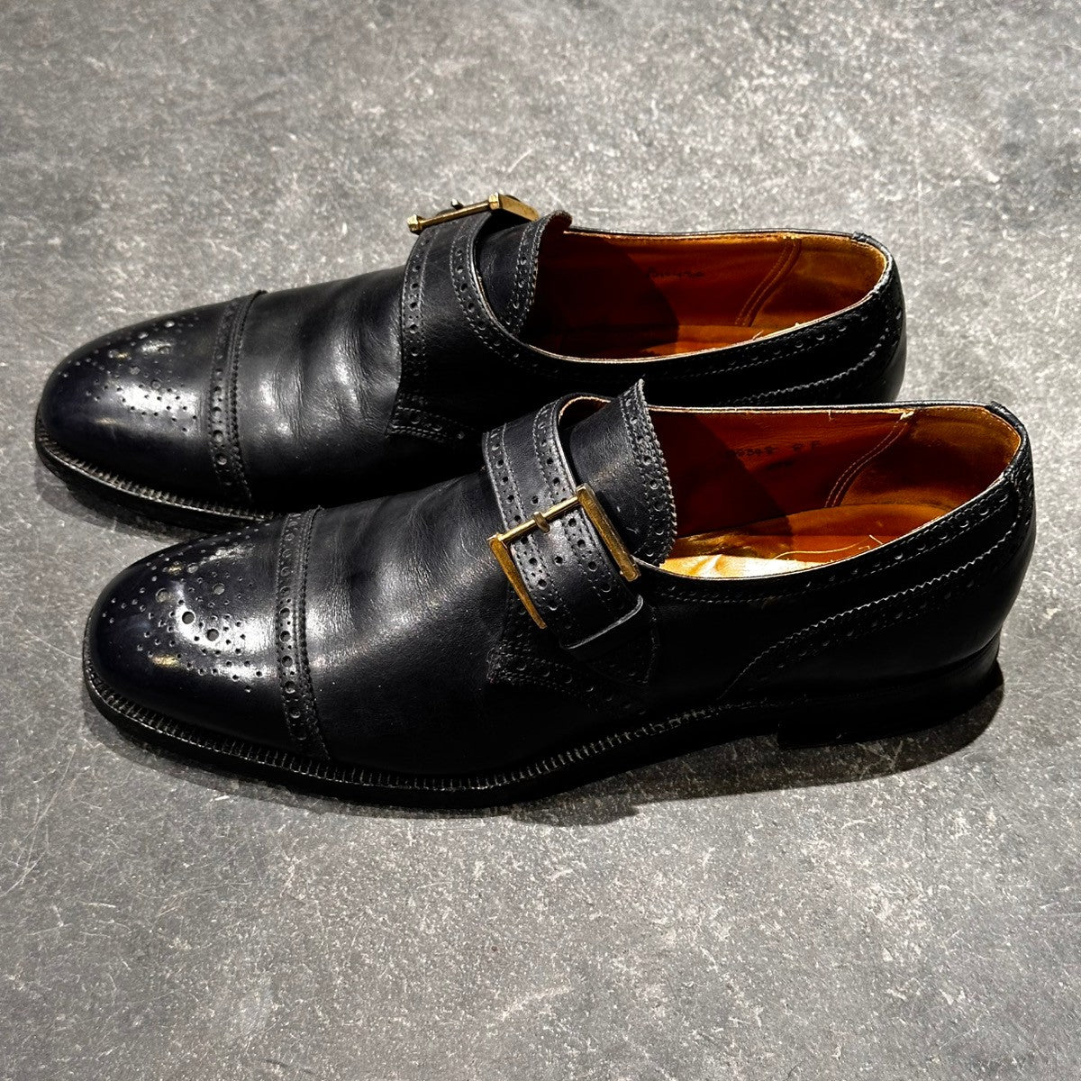 希少【Poulsen Skone】ポールセーンスコーン ダブルモンク クロケット＆ジョーンズ製 70年代想定 カーフ ネイビー サイズUK8E