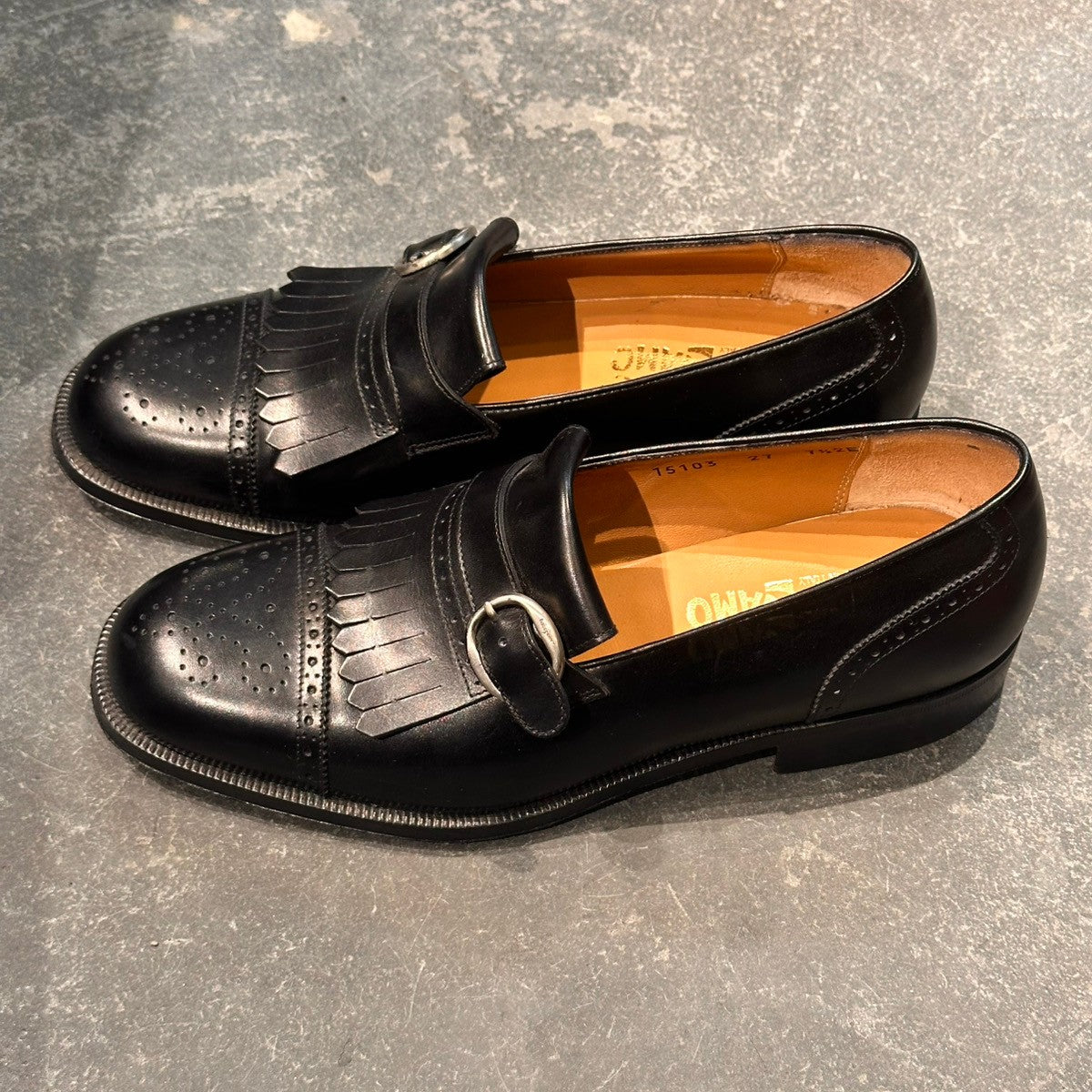 試着程度【Salvatore Ferragamo】サルバトーレ フェラガモ 15103 ローファー キルト シングルモンク カーフ ブラック サイズUK7.5E