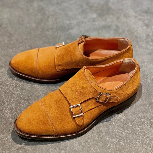 使用数回【santoni】サントーニ 14304 ダブルモンク スエード ライトブラウン サイズUK6