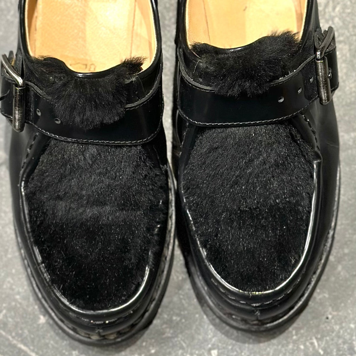 【Paraboot】パラブーツ ミカエルブリッド チロリアン シングルモンク ラビットファー ガラスレザー ブラック レディース サイズUK3.5