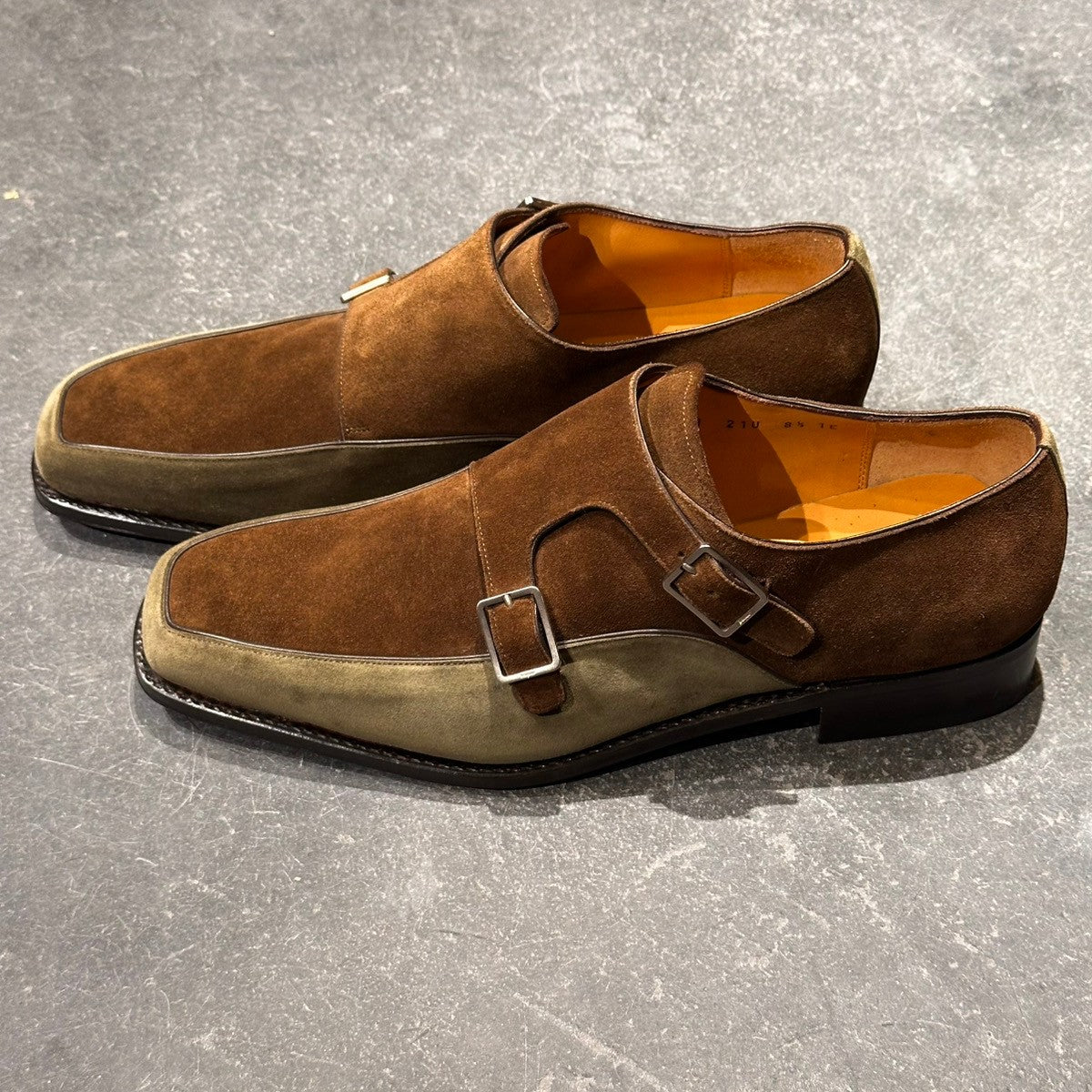 未使用品【Salvatore Ferragamo】サルヴァトーレ フェラガモ 3315 ダブルモンク  スエード ブラウングリーンコンビ サイズUK8.5E