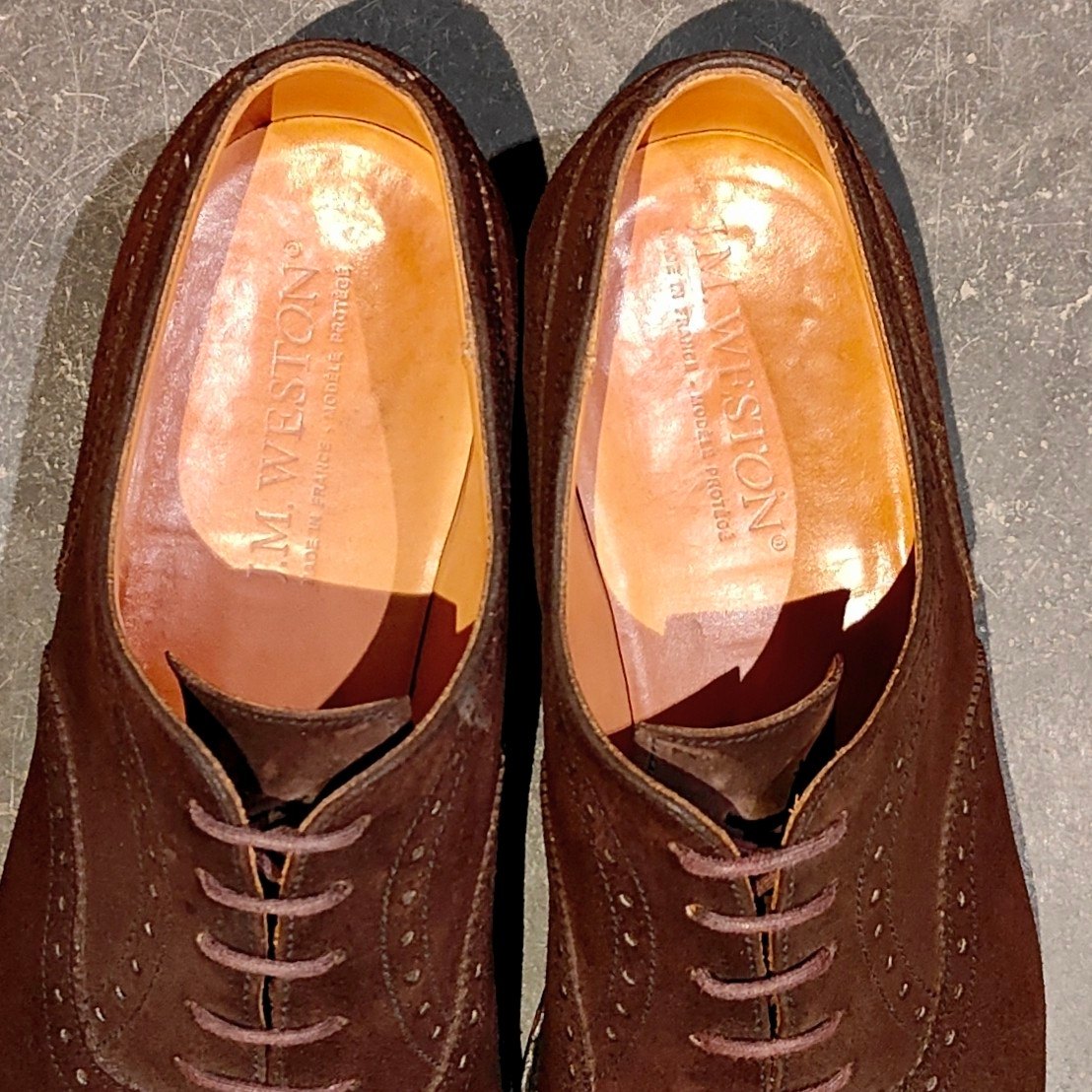 美品【J.M.WESTON】ジェイエムウエストン 310 パターンオーダー セミブローグ スエード ダークブラウン サイズUK8D 11ラスト