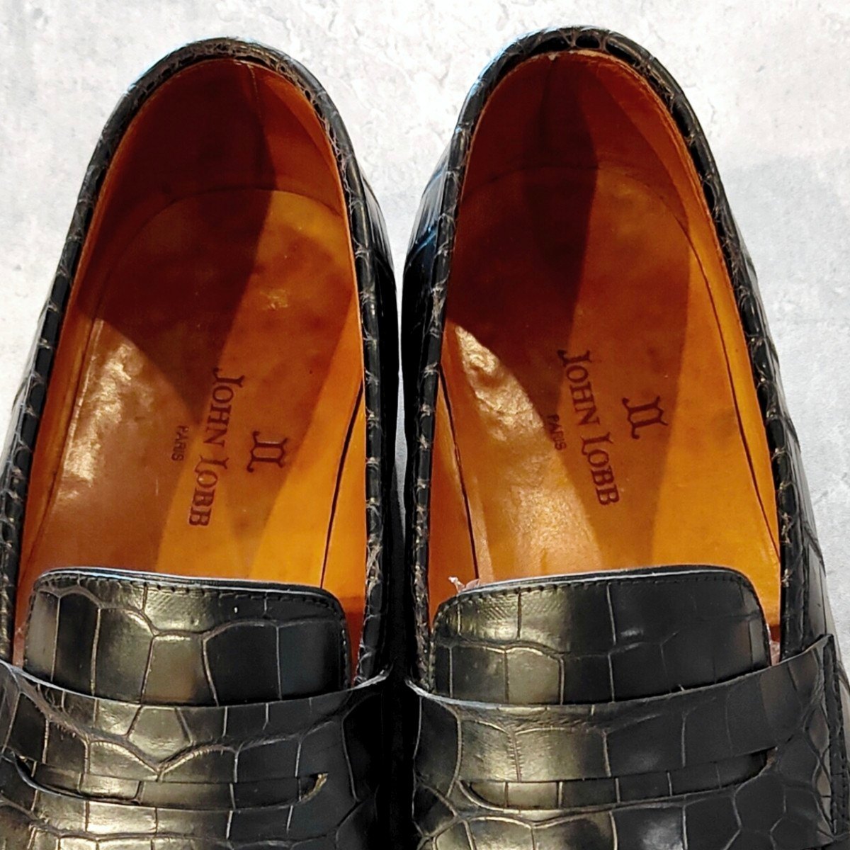 希少 美品 【JOHN LOBB】ジョンロブ キャンパス想定 PARISロゴ ローファー アリゲーター ブラック サイズ UK8E