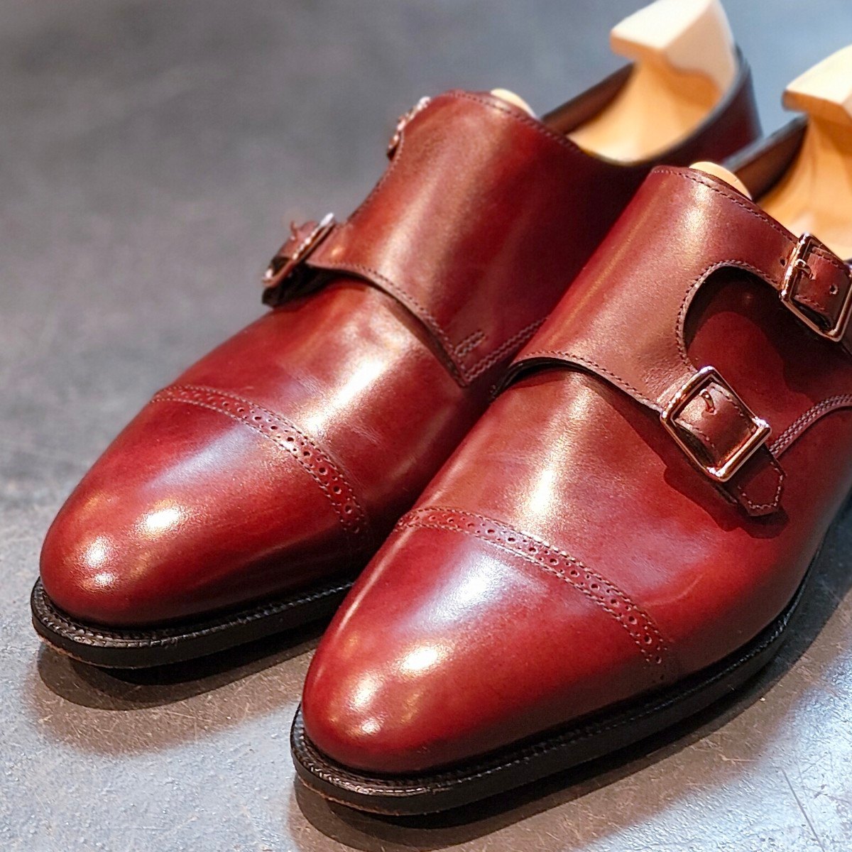 使用数回 パターンオーダー品 【JOHN LOBB】ジョンロブ フィリップ2 ダブルバックル ダブルモンク カーフ バーガンディ サイズ UK5.5E 7000ラスト 定価￥312,400-