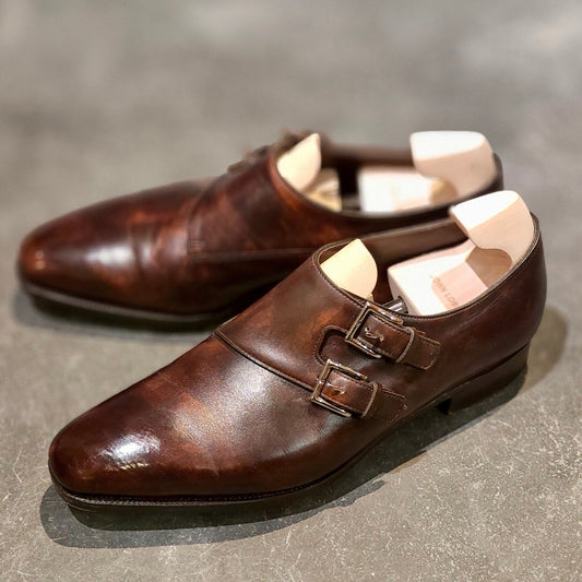 使用数回【JOHN LOBB】ジョンロブ チャペル プレステージライン ダブルモンクミュージアムカーフ ブラウン サイズ UK7.5E 8000ラスト 参考定価￥361,900-