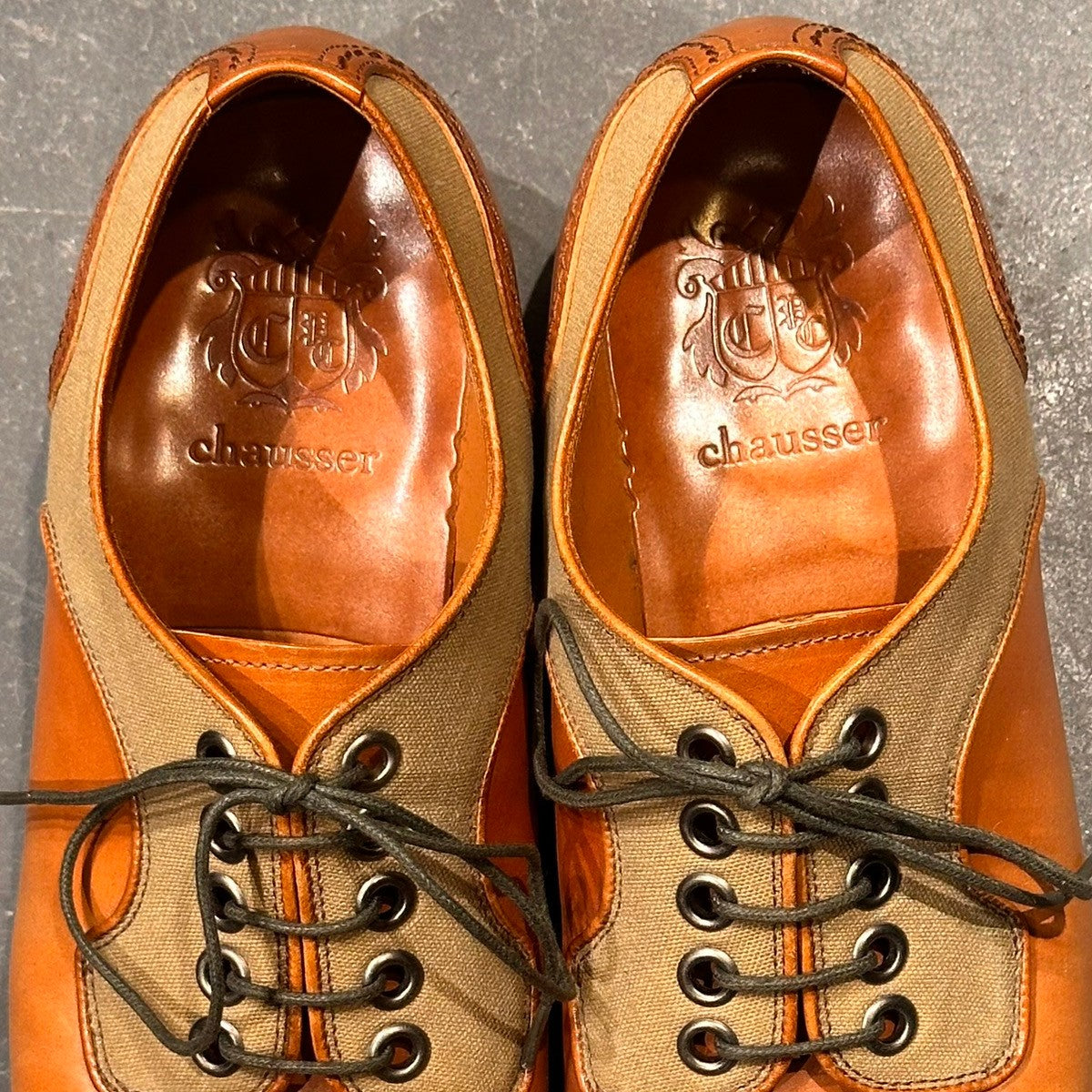 【chausser】ショセ C740 プレーントゥ サドルシューズ コンビ ナチュラルコードバン コットンキャンバス ブラウン サイズ43