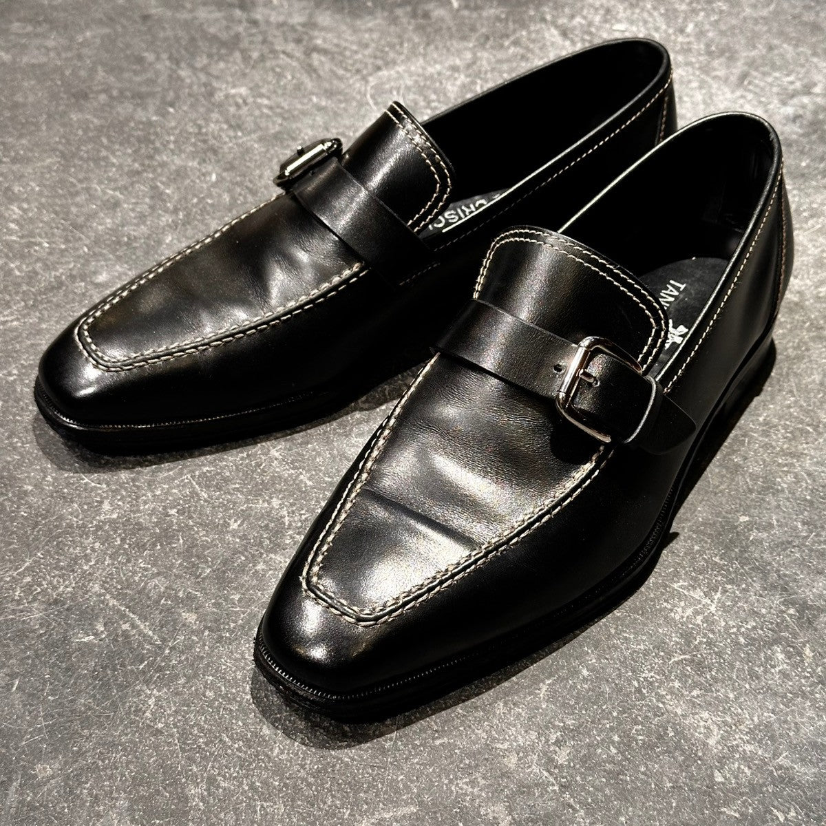美品【TANINO CRISCI】タニノクリスチー 232311 ローファー シングルモンク ホワイトステッチ ベビーカーフ ブラック アンラインド サイズUK5.5