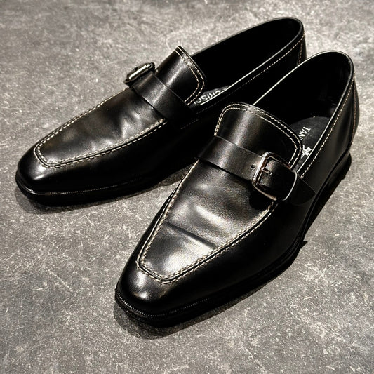 美品【TANINO CRISCI】タニノクリスチー 232311 ローファー シングルモンク ホワイトステッチ ベビーカーフ ブラック アンラインド サイズUK5.5