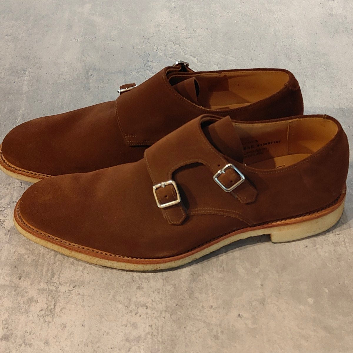希少 使用数回【CROCKETT&JONES】クロケット＆ジョーンズ フロア3 ダブルモンク アンラインド  スナッフスエード ブラウン サイズUK8.5E  377ラスト
