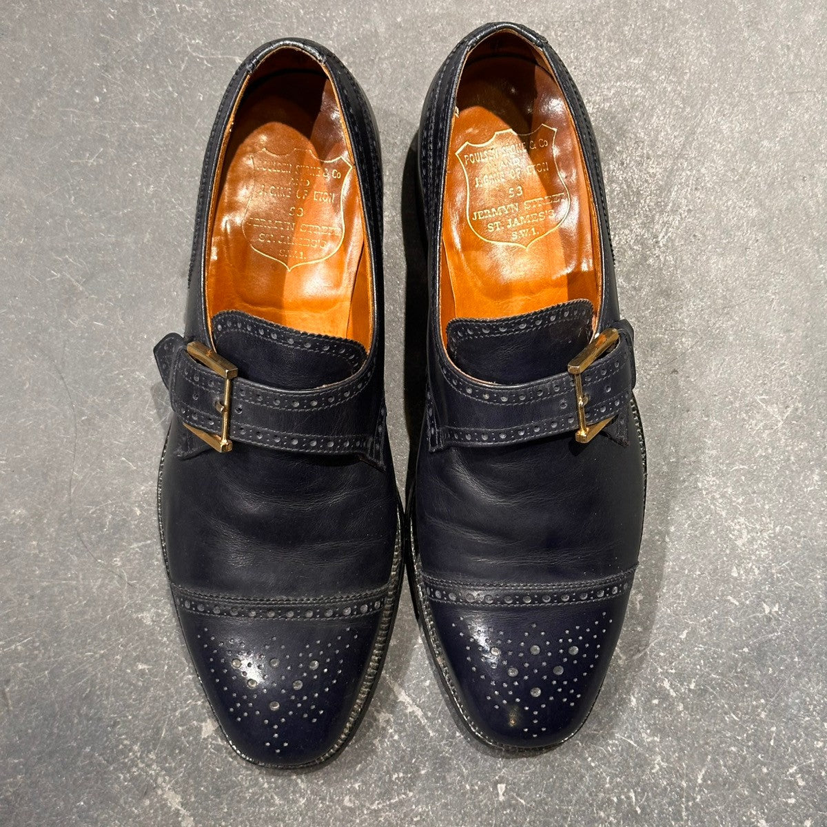 希少【Poulsen Skone】ポールセーンスコーン ダブルモンク クロケット＆ジョーンズ製 70年代想定 カーフ ネイビー サイズUK8E