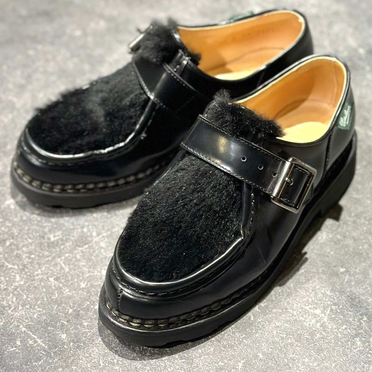【Paraboot】パラブーツ ミカエルブリッド チロリアン シングルモンク ラビットファー ガラスレザー ブラック レディース サイズUK3.5