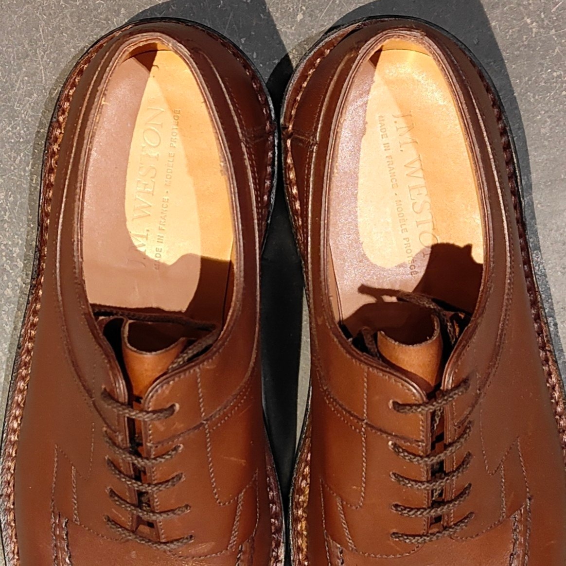 使用数回【J.M.WESTON】ジェイエムウエストン 677 ハントダービー Uチップ ロシアンカーフ タンブラウン サイズ UK7.5D 32ラスト 参考定価¥495,000-