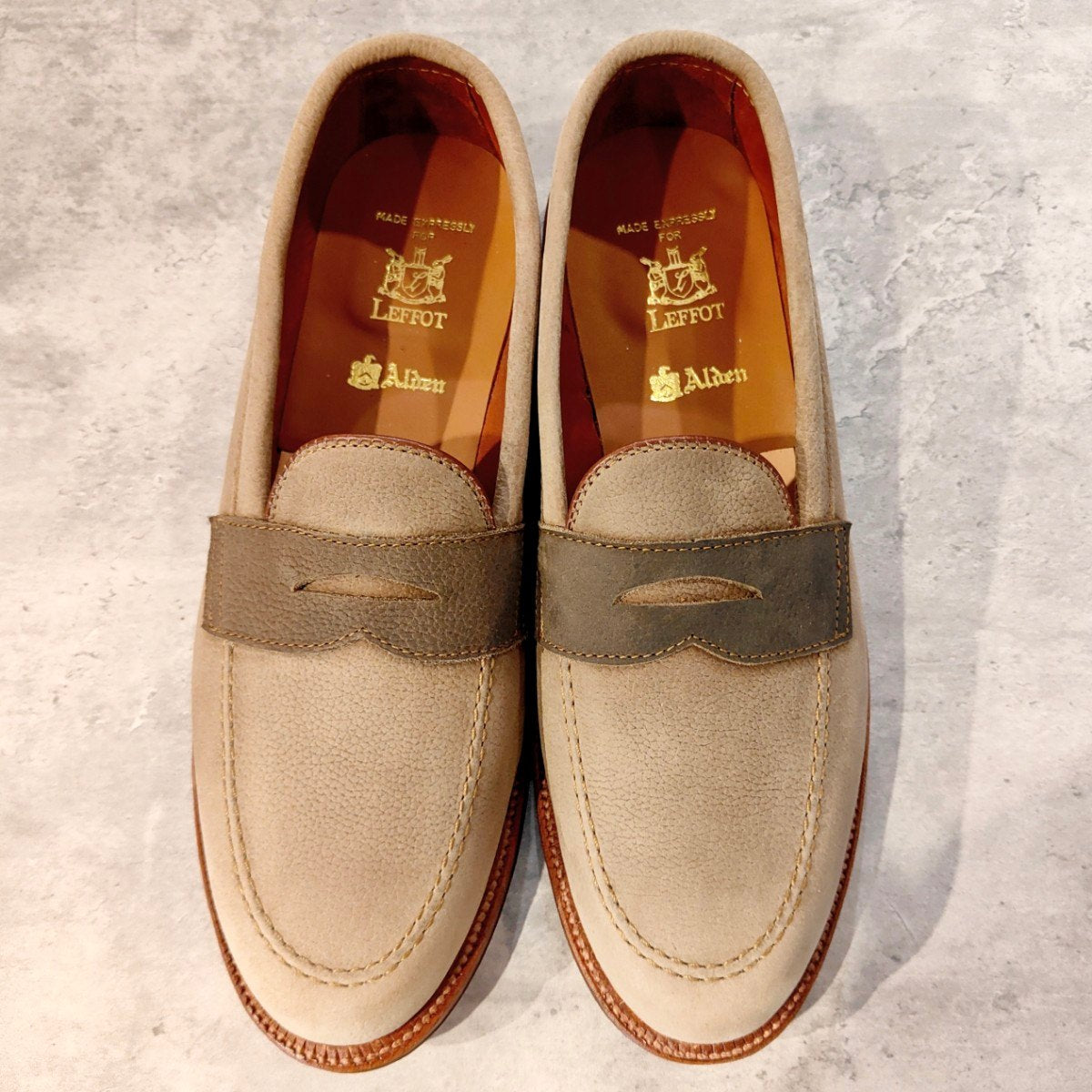 希少 未使用【ALDEN】オールデン LEFFOT別注 67344F ペニーローファー クレイヌバック ベージュ系 サイズUS11D バンラスト
