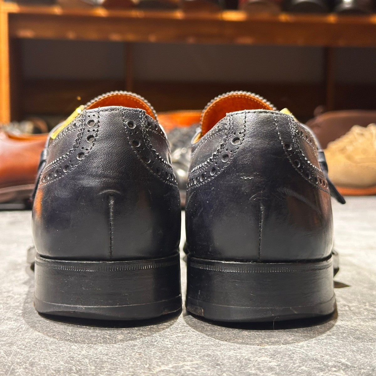 希少【Poulsen Skone】ポールセーンスコーン ダブルモンク クロケット＆ジョーンズ製 70年代想定 カーフ ネイビー サイズUK8E