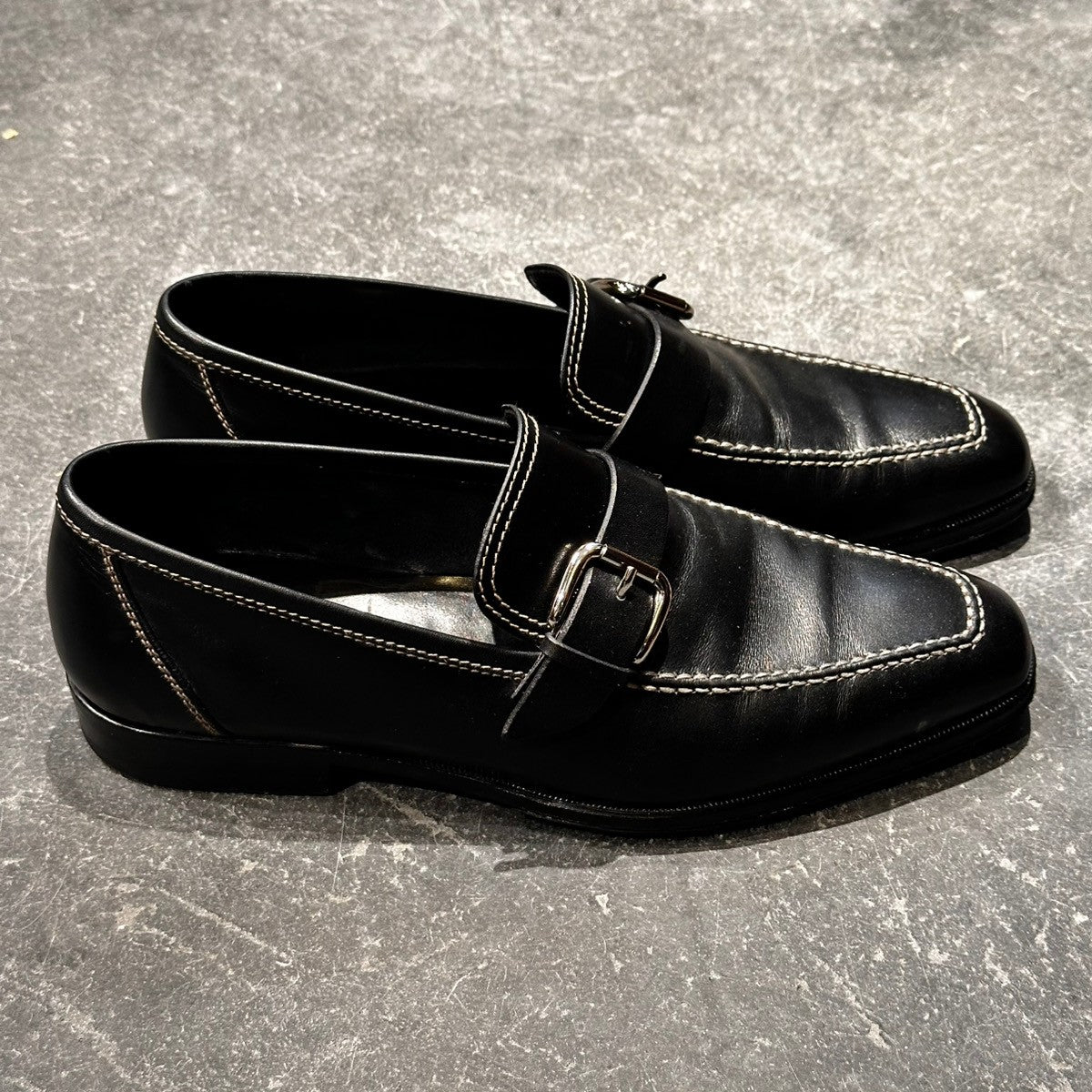 美品【TANINO CRISCI】タニノクリスチー 232311 ローファー シングルモンク ホワイトステッチ ベビーカーフ ブラック アンラインド サイズUK5.5