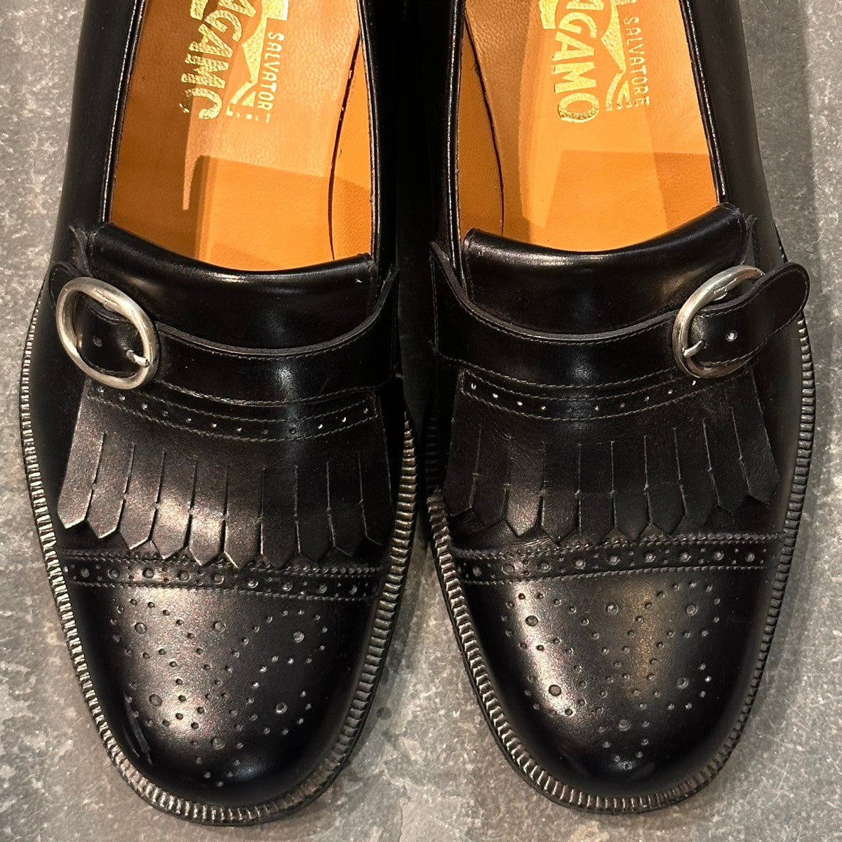 試着程度【Salvatore Ferragamo】サルバトーレ フェラガモ 15103 ローファー キルト シングルモンク カーフ ブラック サイズUK7.5E