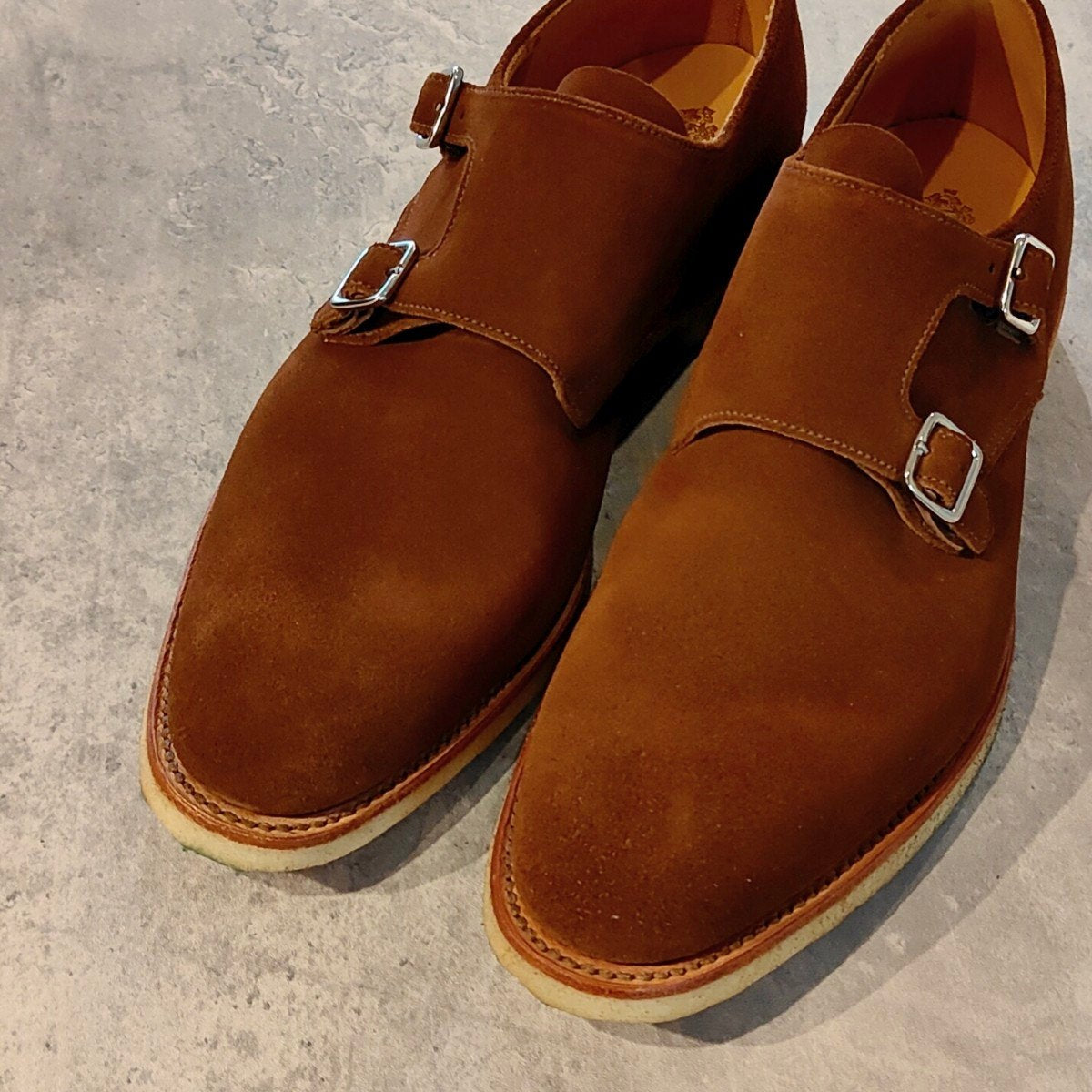 希少 使用数回【CROCKETT&JONES】クロケット＆ジョーンズ フロア3 ダブルモンク アンラインド  スナッフスエード ブラウン サイズUK8.5E  377ラスト