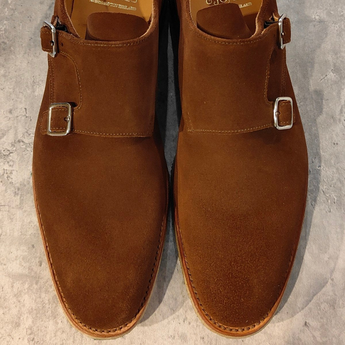 希少 使用数回【CROCKETT&JONES】クロケット＆ジョーンズ フロア3 ダブルモンク アンラインド  スナッフスエード ブラウン サイズUK8.5E  377ラスト