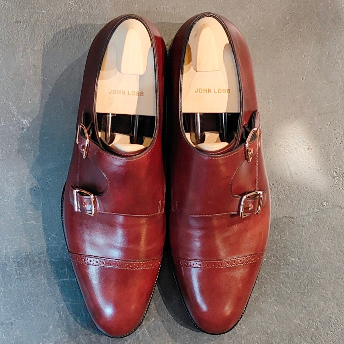 使用数回 パターンオーダー品 【JOHN LOBB】ジョンロブ フィリップ2 ダブルバックル ダブルモンク カーフ バーガンディ サイズ UK5.5E  7000ラスト 定価￥312,400-