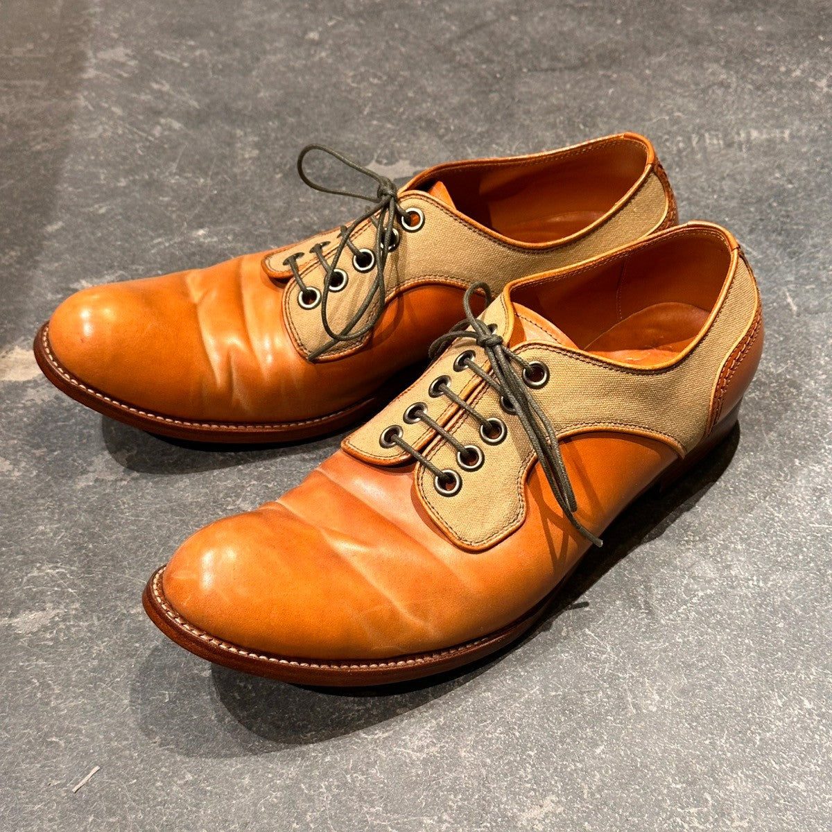 【chausser】ショセ C740 プレーントゥ サドルシューズ コンビ ナチュラルコードバン コットンキャンバス ブラウン サイズ43