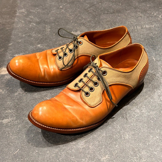 【chausser】ショセ C740 プレーントゥ サドルシューズ コンビ ナチュラルコードバン コットンキャンバス ブラウン サイズ43