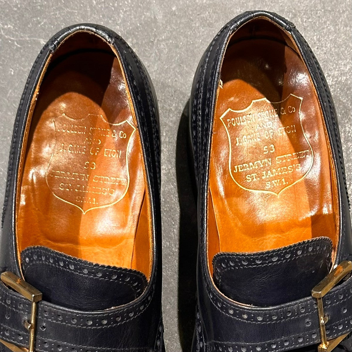 希少【Poulsen Skone】ポールセーンスコーン ダブルモンク クロケット＆ジョーンズ製 70年代想定 カーフ ネイビー サイズUK8E