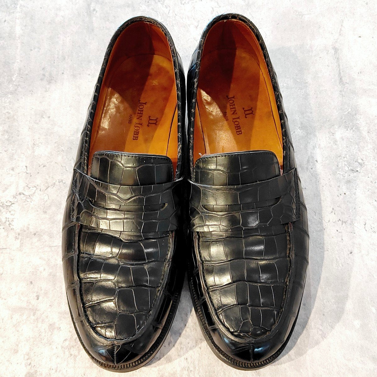 希少 美品 【JOHN LOBB】ジョンロブ キャンパス想定 PARISロゴ ローファー アリゲーター ブラック サイズ UK8E