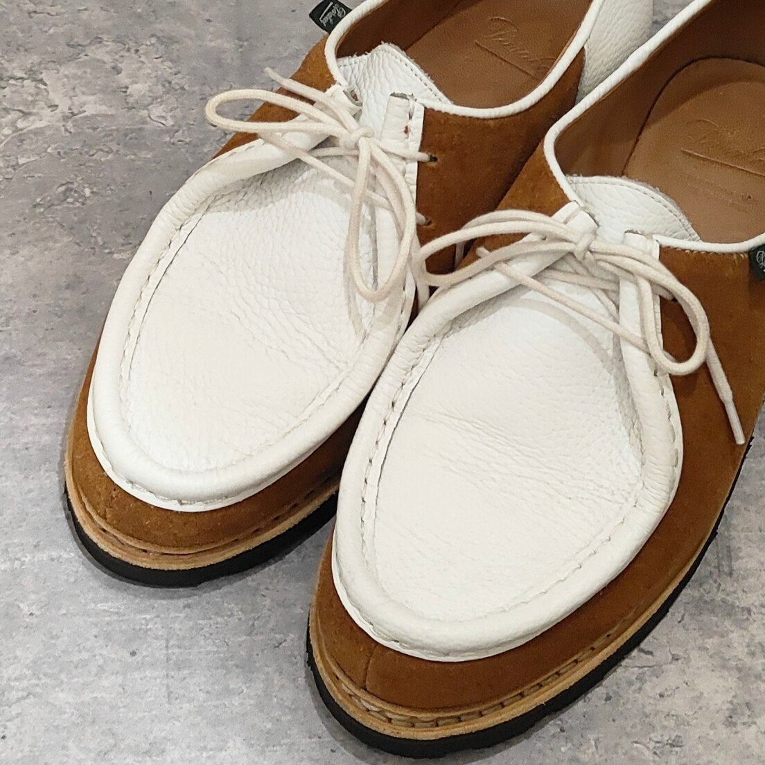 希少 使用数回【PARABOOT】パラブーツ ミカエル 丸の内店リミテッドモデル チロリアンシューズ グレインレザー×スエードコンビ ブラウン×ホワイト サイズ42