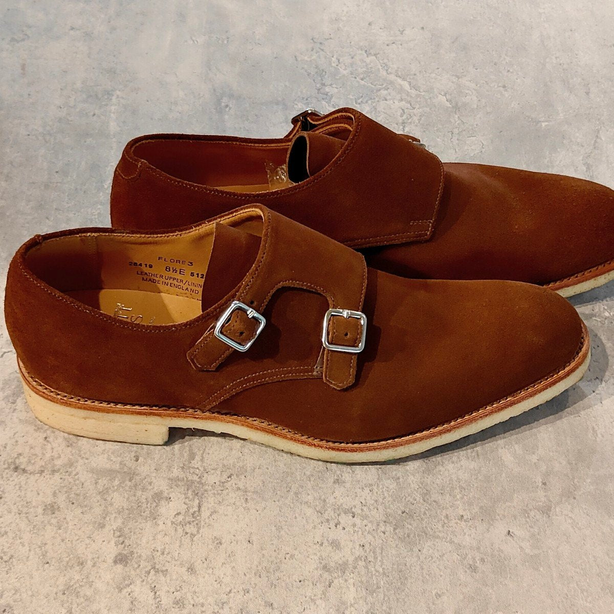 希少 使用数回【CROCKETT&JONES】クロケット＆ジョーンズ フロア3 ダブルモンク アンラインド  スナッフスエード ブラウン サイズUK8.5E  377ラスト