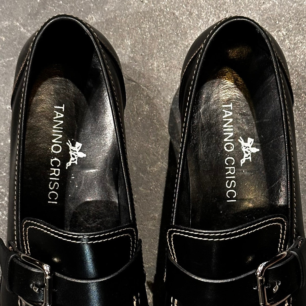 美品【TANINO CRISCI】タニノクリスチー 232311 ローファー シングルモンク ホワイトステッチ ベビーカーフ ブラック アンラインド サイズUK5.5