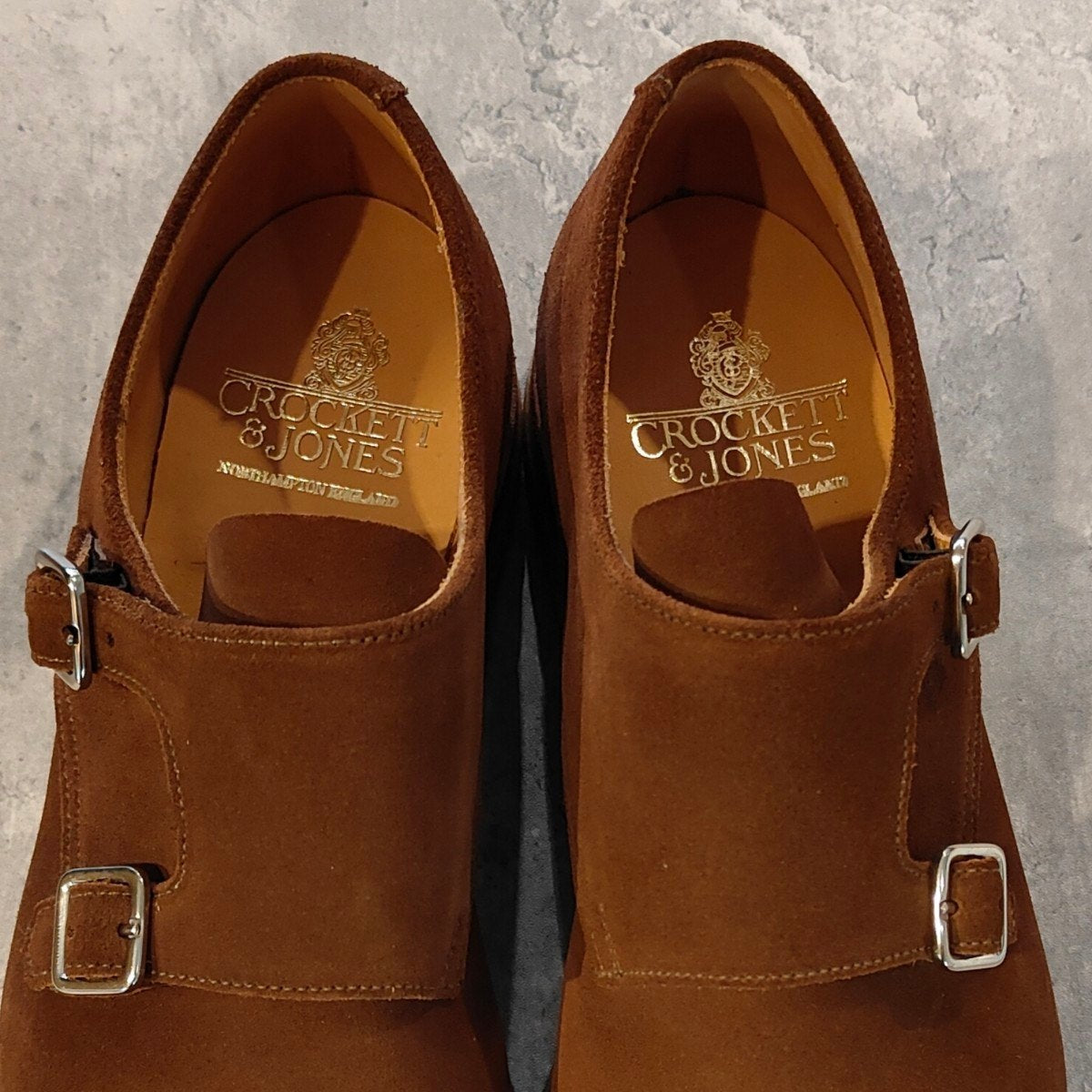 希少 使用数回【CROCKETT&JONES】クロケット＆ジョーンズ フロア3 ダブルモンク アンラインド  スナッフスエード ブラウン サイズUK8.5E  377ラスト