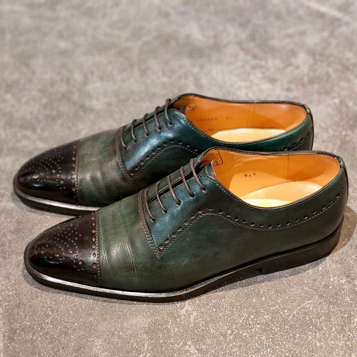 希少 美品 【TANINO CRISCI】タニノクリスチー セミブローグ カーフ グリーンブラックコンビ サイズ UK6
