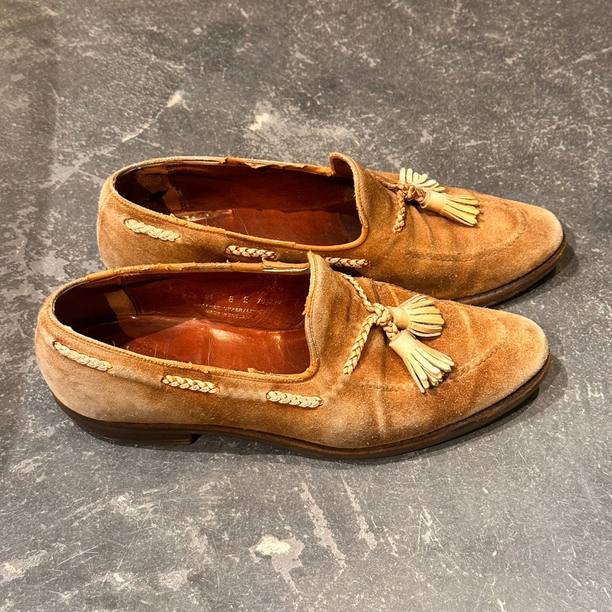 【CROCKETT&JONES】クロケット＆ジョーンズ モデル名不明 タッセルローファー 編み込み スエード ブラウン サイズUK8E