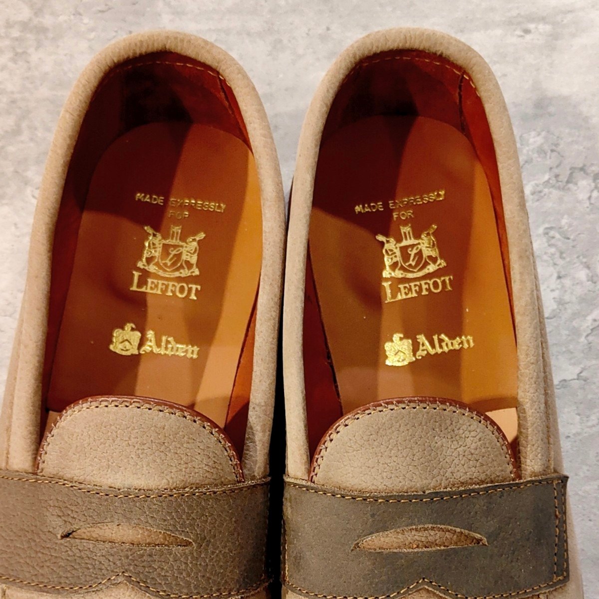 希少 未使用【ALDEN】オールデン LEFFOT別注 67344F ペニーローファー クレイヌバック ベージュ系 サイズUS11D バンラスト